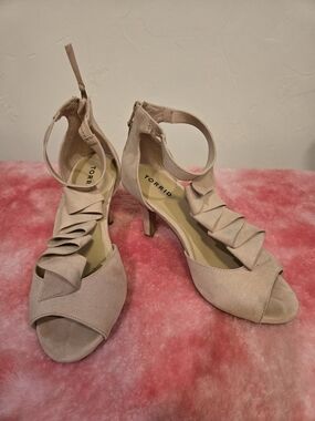 torrid Beige Ruffle Peep-Toe Ankle-Strap Heels